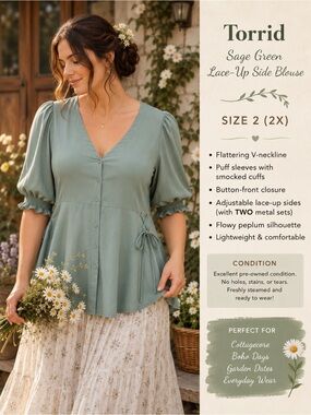Torrid Sage Green Lace-Up Side Blouse | Size 2 (2X) | Puff Sleeve V-Neck Top